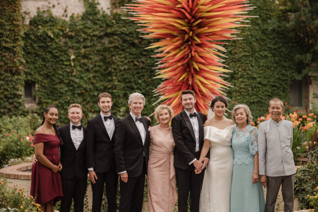 family formal photos taken after a wedding ceremony at the Denver Botanic Gardens